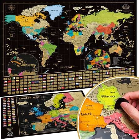 W WANDERLUST MAPS Mapa Mundi Rascar (61 X 43 cm) + Mapa Europa Rascar (46 X 33 cm). El Paquete de Regalo Incluye una Herramienta para Rascar con Precisión y Pegatinas de Recuerdo de Viajes, Oro/negro