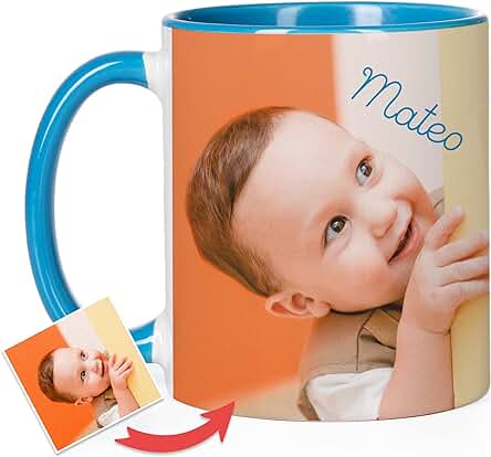 Wanapix | Taza Personalizada con Foto y Texto | Taza de Cerámica con Diseño Único | Regalo para Amigos y Familiares | Apta para Microondas | Capacidad de 325ml | Interior y Asa Color Azul Celeste