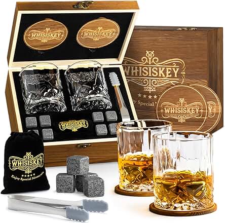 Whisiskey - Set de Accesorios de Whisky - Regalos Originales para Hombre - Cubitos Hielo Reutilizables - Incl: 2 Vasos, 8 Piedras de Whisky, Posavasos, Pinzas