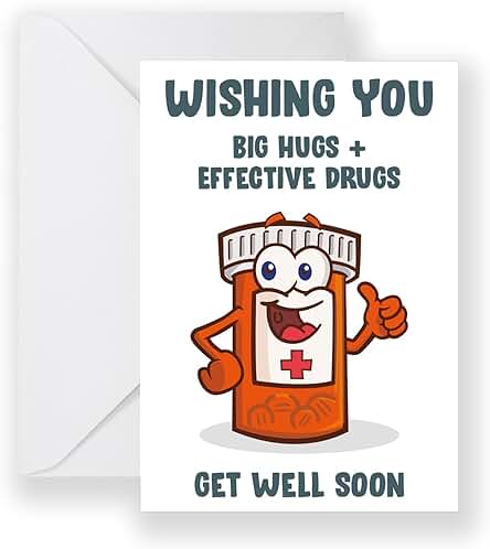 Wishing You Big Hugs & Effective Drugs Card – Divertidas Tarjetas de Mejora Pronto, Regalos para Mujeres y Hombres, Operación, Cirugía, Buena Suerte, Mejor Recuperación Rápida, Cáncer, Rodilla,