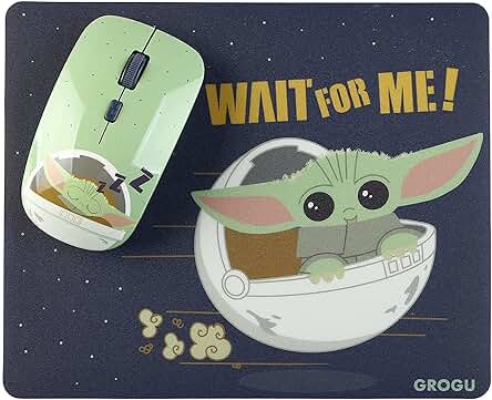 Wondee Pack 2 en 1 de Raton Wireless y Alfombrilla con Diseño de Baby Yoda Grogu de The Mandalorian de Star Wars, Multicolor