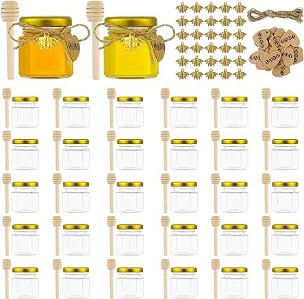 XiYee 20pcs 45ml Mini Hexagonales Tarros de Miel de Cristal con Cucharones de Madera, Colgantes de Abejas, Etiquetas de Papel Kraft, Cuerda de Cáñamo, Perfectos para Babyshower, Regalos de Boda (20)