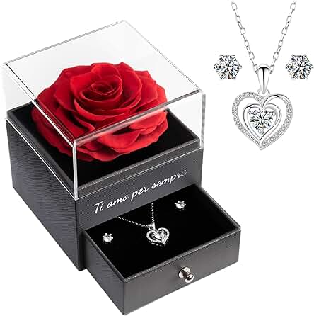 Yamonic Rosa Real Eterna Natural Preservada con Juego de Joyas Brillantes, Regalo Cumpleaños, San Valentín para Ella Mujer, Te Amo para Siempre en Italiano