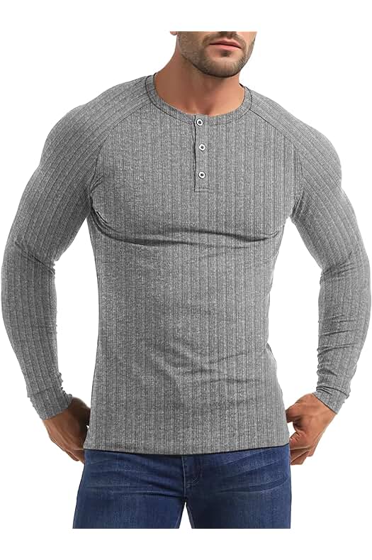 Yewloch Camisa Henley Manga Larga/Corta Hombre，Camiseta Algodón Hombre，Corte Ajustado Músculo Shirt