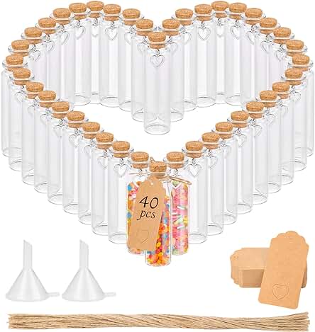 YOCOLE 40pcs Botella de Vidrio Mini - 20ml Set de Mini Botellas de Cristal con Corcho y Llavero de Corazón - para Invitados Bodas, Decoración, Frasco para Especia, 22 x 80mm