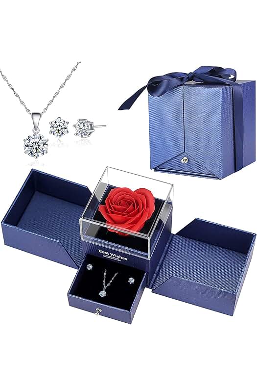 Youery Youery Set de Rosa Eterna, Rosa Real Conservada con Collar y Pendientes en una Caja de Regalo, Rosa con Flores Románticas Regalos para ti en el día de la Madre, Aniversario, Cumpleaños para Mujeres
