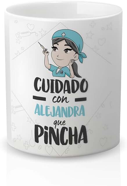 Yujuuu! | Taza Personalizable con Nombre | Taza Cerámica para Regalo Original Profesión Enfermera. RESISTENTE 100% al Microondas y Lavavajillas. (Diseño 06) Frase Cuidado que Pincha