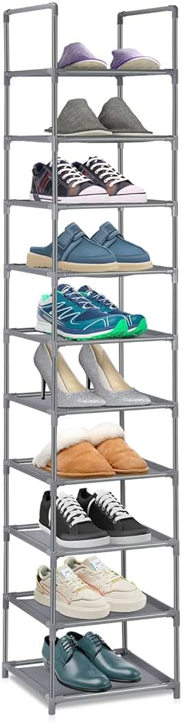 Zapatero Vertical de 10 Niveles, Zapatero Estrecho, Independiente, Estable, Apilable, Zapatero de tela no Tejida y Metal para Entrada, Dormitorio, Color gris