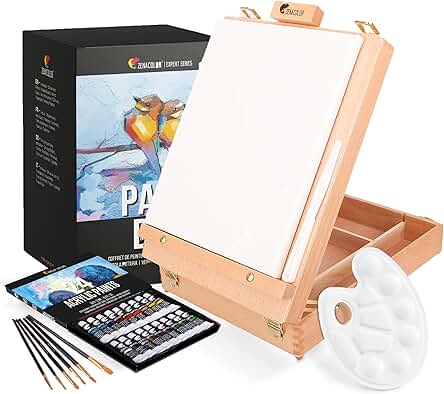 Zenacolor Set de Pintura Multicolor con 34 Piezas - Caballete de Madera, 24 Tubos de Pintura Acrilica, 6 Pinceles, Lienzo 24x30cm, Espátula y Paleta