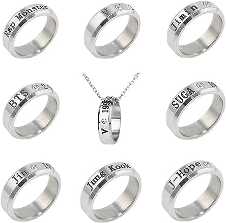 ZHENGGE Paquete de 8 Anillos Kpop BTS Bangtan Boys con Collar para Regalos del Ejército, Acero Inoxidable