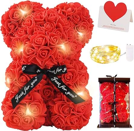 Zodight Oso de Peluche Rojo con Caja Regalo + Cadena de Luz + Tarjetas Felicitacion, Rosa Artificial, para Madres/Novia/San Valentín/Cumpleaños/Bodas/Graduación/Aniversarios