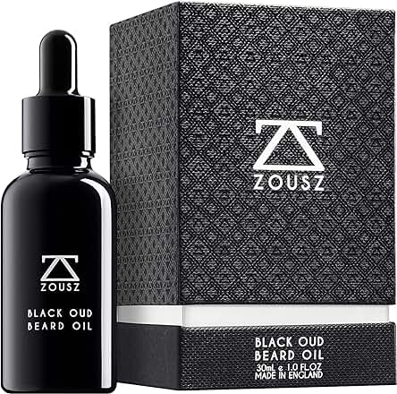 ZOUSZ Aceite para Barba - Cuidado con Oud Negro y Madera con Aceites Naturales de Aguacate y Argán - Suavizante e Hidratante para el Cabello Facial No Graso - Regalo Vegano para Hombres - 30mL