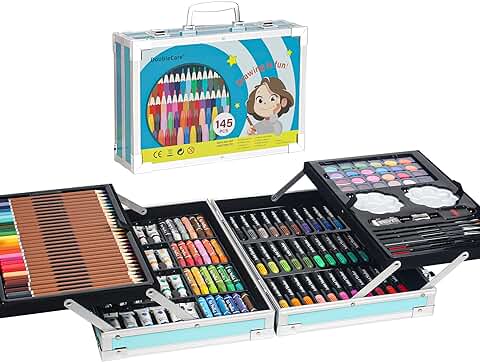 145 Set de Pintura Niños, Caja de Aluminio Portátil Deluxe y Kit de Dibujo, Profesional Lápices de Colores Conjunto de Dibujo Artístico，Juego de Arte para Niños Adultos, Regalos de Cumpleaños(Azul)  