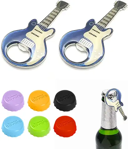 2 Abridores de Botellas de Guitarra con 6 Tapas de Botellas de Vino, Abridor de Botellas Magnético, Abridor de Botellas de Cerveza Portátil, Adecuado para Botellas de Coca-cola, Botellas de Cerveza  