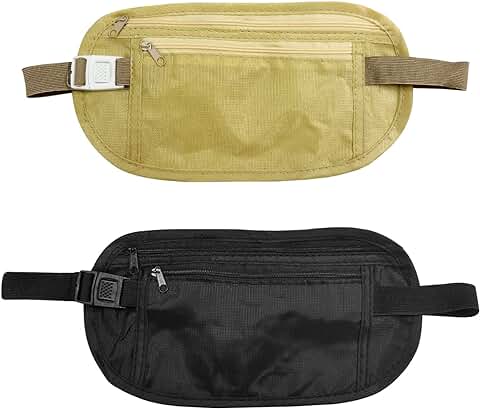 2 Cinturones de Dinero Ocultos, Riñonera de Seguridad Antirrobo, Riñonera Deportiva, Cinturón Ajustable, Riñonera de Viaje Impermeable para Pasaporte, Dinero en Efectivo (Beige, Negro)  