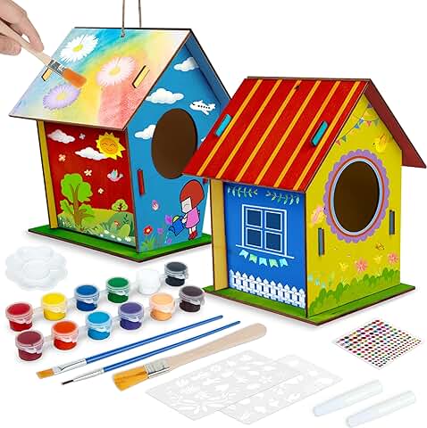 2 Piezas casa de Pájaros de Madera DIY para Exteriores, casa de Pájaros con Pinturas y Pinceles, kit Creativo de nido de Pájaros para Exteriores, Regalo para Niños o Amantes de los Pájaros  