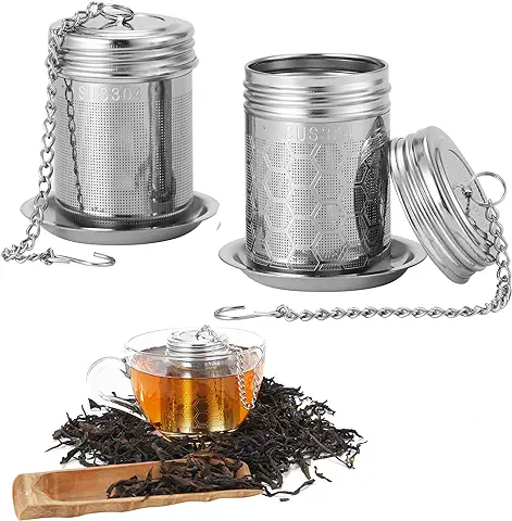 2 Piezas Filtros de Té, Colador de té de Acero Inoxidable, bola de té con Cadena Larga y Bandeja de Goteo Redonda para Teteras, Tazas y Botellas de té.  