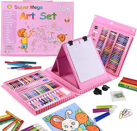 208 Piezas Maletin Pinturas para Niños, Juegos de Dibujo, con Pasteles de Aceite, Crayones, Lápices de Colores, Bolígrafos de Acuarela Egalos para 6-12 Años Niños y Niñas(Rosa)  