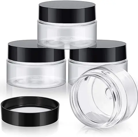 4 Tarros Contenedores Redondos Transparentes de Plástico a Prueba de Fugas de Boca Ancha con Tapas para Viaje Maquillaje Producto de Belleza Crema Facial Aceite Ungüento DIY Limo (1 oz, Negro)  