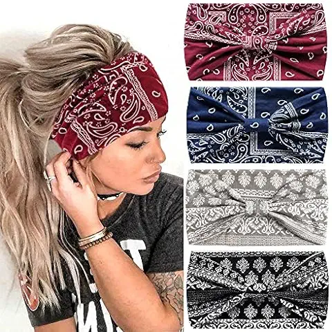 4Pcs Headbands for Women Wide Knotted Turban Bandana Boho Head Scarfs Wraps Yoga Hairbands Fabric Elastic Headband Sport Running Headscarves  