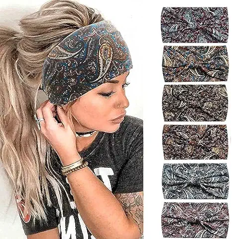 6PCS Diademas para Mujeres Pañuelos Boho Anchos Bandanas Antideslizantes Accesorios Elásticos para el Pelo Turbantes Anudados Adulto (DarkCashew)  