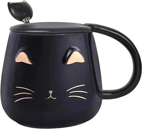 Aaliyahh Taza Linda del Gato Taza de Café de Cerámica con Cuchara de Acero Inoxidable para Gatitos,Animales 3d Tazas de Gatos para Amantes de los Gatos Mujeres Regalos (Negro)  