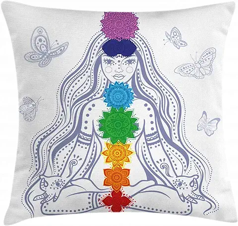 ABAKUHAUS Chakra Funda para Almohada, Chica Espiritual en Loto Chakras Coloridos Piedras Yoga Meditación Relax Tema Zen, Estampa Digital Nítida en Ambos Lados, 45 x 45 cm, Multicolor  