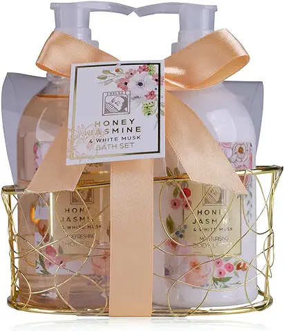 Accentra set de Ducha set de Regalo para Mujer HONEY JASMINE en una Hermosa Canasta de Alambre, set de Cuidado de 2 Partes con gel de Ducha y Loción Corporal set de Regalo de Bienestar para Cumpleaños  