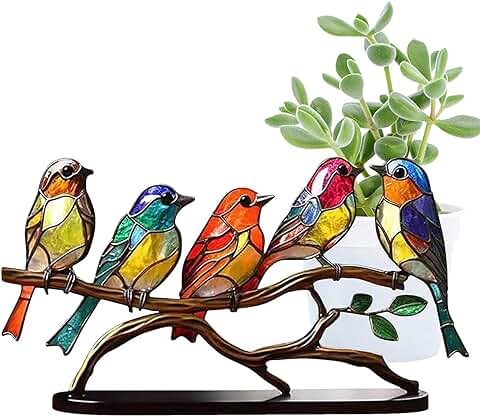 Adornos de Escritorio de Pájaros de Vidrieras en Rama, Adornos de Escultura de Pájaros de Metal de Doble Cara, Decoraciones de Metal para Amantes de los Pájaros, Regalo de Oficina en casa (B)  