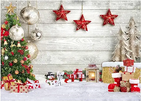 AIIKES 7x5FT Fondo de Navidad Árbol de Navidad Fondo de Regalo Tablero de Madera Blanca Copo de Nieve Fondo de Fotografía Tema de Navidad Fondo de Decoración de Fiesta Familiar Fondo 12-392  