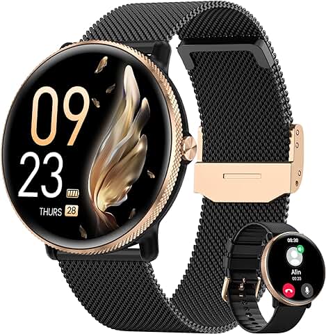 AKUMAKA Reloj Inteligente Mujer con Llamadas, 1.39" AMOLED Smartwatch 24/7Pulsómetro, 120+ Modos Deportes, Sueño, SpO2, Función Femenina IP68 Podómetro Whatsapp Calorías Android iOS NegroOro Regalo AKUMAKA Reloj Inteligente Mujer con Llamadas, 1.39" AMOLED Smartwatch 24/7Pulsómetro, 120+ Modos Deportes, Sueño, SpO2, Función Femenina IP68 Podómetro Whatsapp Calorías Android iOS NegroOro Regalo