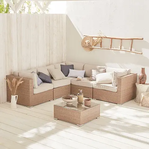 Alice's Garden - Muebles de Jardin, Conjunto Sofa de Exterior, Varios Tonos de Beige, 5 Plazas, Ratan Sintetico, Resina Trenzada - Napoli Alice's Garden - Muebles de Jardin, Conjunto Sofa de Exterior, Varios Tonos de Beige, 5 Plazas, Ratan Sintetico, Resina Trenzada - Napoli