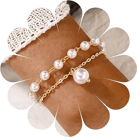 Aneneiceera Boho Pearl Layered Bracelet Gold Bracelet Novia Boda Pulsera con Cuentas Minimalista Celestial Pulsera Moda Cadena de mano Joyería Dama de Honor Regalos para Mujeres y Niñas Regalos  