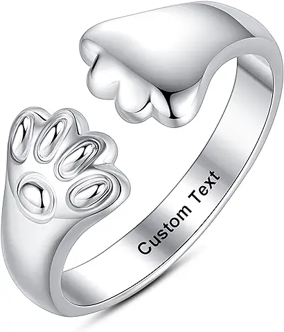 Anillo de gato para Mamá Abrazo Anillos para las Mujeres Pet Memorial Regalos Amantes Amante Perro Animal Paw Print Cute Teen Girls Ajustable Personalizado Grabado Nombre Personalizado Plata de Ley  