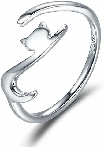 Anillo de Plata Esterlina Qings 925, Ajustable Abierto Gato Estilo Anillo Joyería de moda para Chica Adolescente Regalo Tamaños Universales  