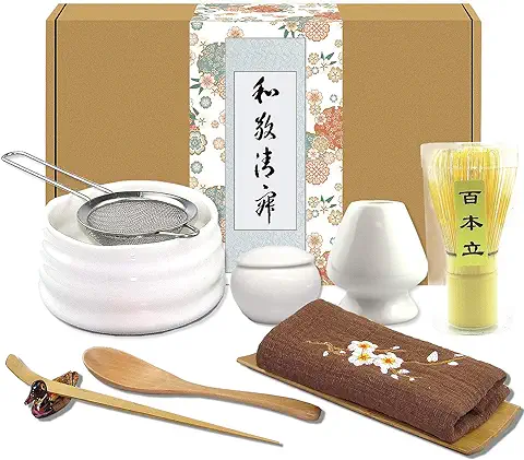 Artcome Juego de 10 Piezas de té Matcha Japonés, Cuenco Matcha, Batidor Matcha, Cuchara Tradicional, Cuchara de té, Paño de té, Contenedor para Polvo Matcha, Colador de Polvo Matcha (color Blanco)  