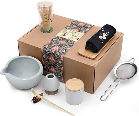 Artcome Juego de té Matcha Japonés, 9 Piezas, Cuenco Matcha con Boquilla de Vertido, Batidor Matcha, Carrito de Polvo Matcha, kit de caja de Regalo Tradicional Hecho a mano  