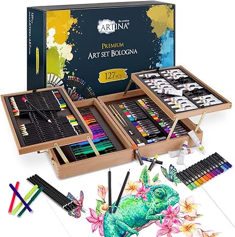 Artina Set de Pintura con 127 Piezas con Pinturas Acrílicas Bologna – Maletín de Arte Noble – Set de Pintura con Crayones, Lapices de Pastel y más Ideal para Principiantes  