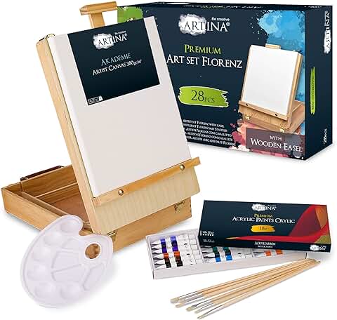 Artina Set de Pintura con 28 Piezas en Maletín de arte Florenz – 18 Pinturas Acrílicas à 12 ml, Bastidor, Pinceles y más – Kit Premium con Caballete de Madera Plegable  