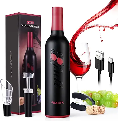 Assark Abridor de vino Eléctrico, 5 en 1 Automático con Pilas Recargable, Abridor de vino Eléctrico con Cortador de Lámina, Bomba de Ahorro, Cable de Carga USB para Amantes del Vino, Regalo de Cocina  