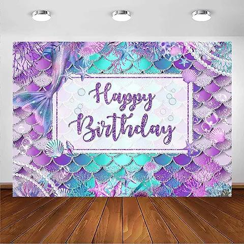 Avezano Telón de Fondo de Cumpleaños de Sirena para Niña bajo el mar Fondo de Fotografía de Cumpleaños Color Morado Verde Aguamarina Escamas de Sirena Decoración de Fiesta de Cumpleaños (7 x 5 Pies)  