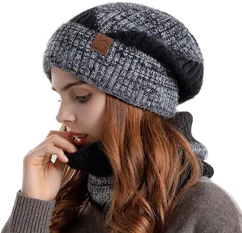 AYPOW Conjunto Bufanda y Gorro Invierno Mujer, 2 en 1 Set Gorros de Punto y Bufanda con Doble Suave Forro Polar Conjuntos, Conjunto de Bufanda y Gorro de Invierno Para Deportes Al Aire Libre  