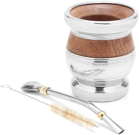 Balibetov Mate Argentino - Set de Mate de Madera de Algarrobo Envuelto en Aluminio - Producto Natural Hecho a Mano con Bombilla (Sorbete) para Yerba Mate (Madera Algarrobo Con Virola & Base Aluminio)  