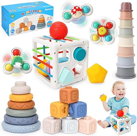 Balnore Juguetes Montessori Bebes 0-6 Meses, 5 in 1 Juguetes Bebes 6-12 Meses 32 PCS Juguetes Sensoriales/Anillos Apilables/Bloques de Construcción/Cubos Regalos para 1 2 3 Años  