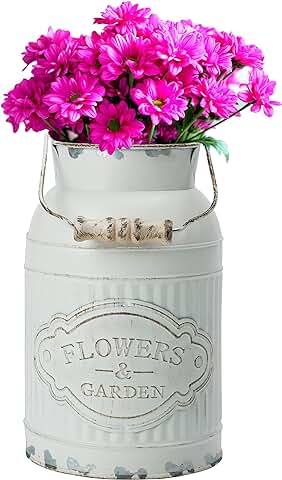 Belle Vous Jarrones para Flores de Metal Blanco - 12,8 x 20,5 cm Jarron Metalico Rústico Galvanizado - Florero Vintage Shabby Chic - Lechera para Decoración Hogar/Bodas, Plantas de Jardín  