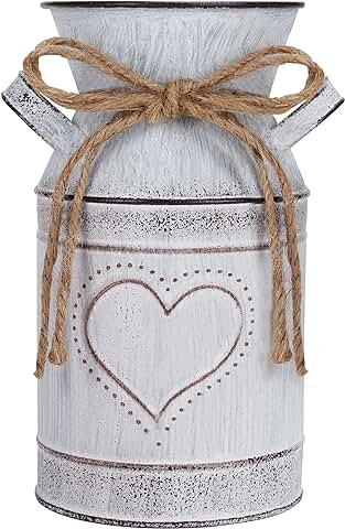 Belle Vous Jarrones para Flores de Metal con Estilo Rústico - 10,3 x 19 cm - Jarron Metalico Blanco con Corazón para Leche Galvanizado Vintage Shabby Chic - Decoración Hogar/Bodas, Plantas Jardín  