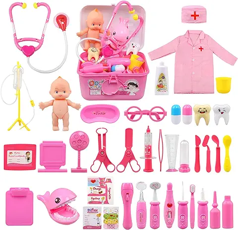 BelleStyle Maletín de Médico de Juguete, 43 Piezas Doctora de Juguetes, Kit de Dentista con Estetoscopio y Abrigo, Doctora Juegos de Imitacion Regalos para Niñas Niños 3 4 5 6 Años (Aosado)  