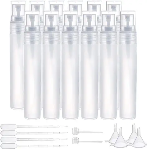 BENECREAT 12 Pack 20ml Botella de Plástico Esmerilada Vacía de Aerosol de Niebla Rellenable con 4 Embudos， 4 Pipetas, y 2 Bombas de Plástico para Aceites Esenciales, Productos de Belleza Orgánicos  