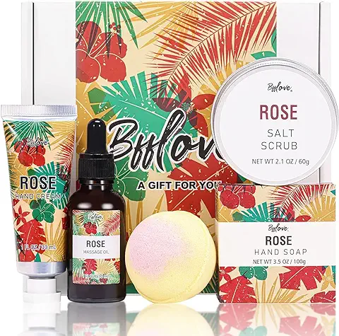 BFFLOVE Caja de Regalo para Mujer, Cesta de Regalo de Spa a Rosa, Regalos Originales para Mujer, Regalo de Cumpleaños para Ella, Set de Baño Incluye Aceite de Masaje, Sal Exfoliante, Jabón  