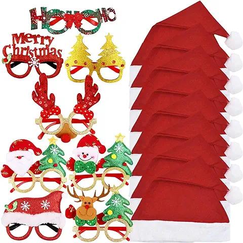 BHGT 8 Gafas Divertidas Navidad 8 Gorros Navideño Papá Noel Sombreros Navideños Fotocol Navidad Disfraz Regalo Accesorios Navideño Decoración Adultos Niños  